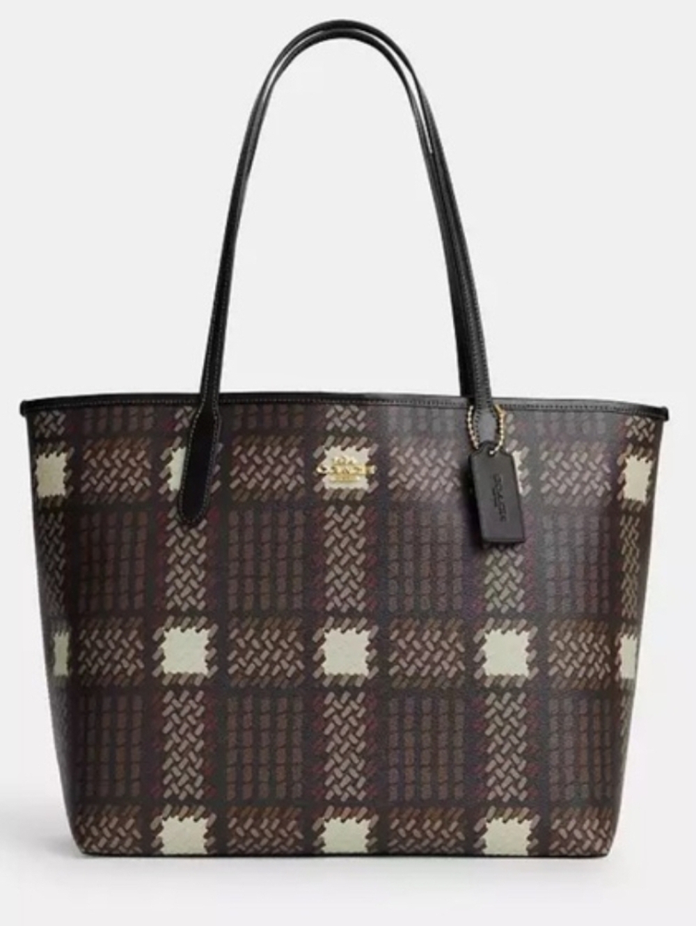 COACH City Tote with Brushed Plaid Print Brown Multi CM162